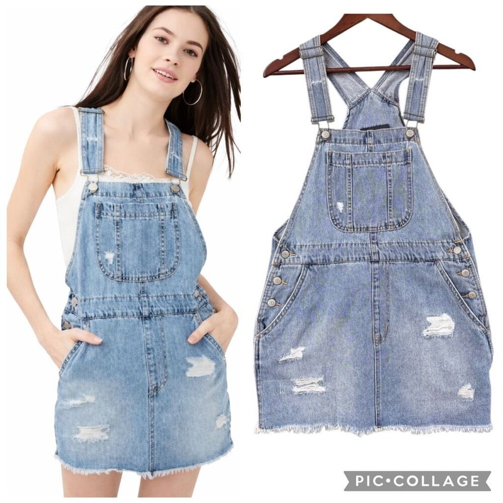 Y2K Aeropostale Blue Denim Overall Skirt Women Large Light Wash Distress Raw Hem